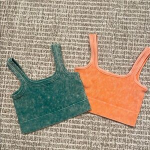 Set of ZENANA Teal and Orange Ribbed Crop Tops Sz L/XL